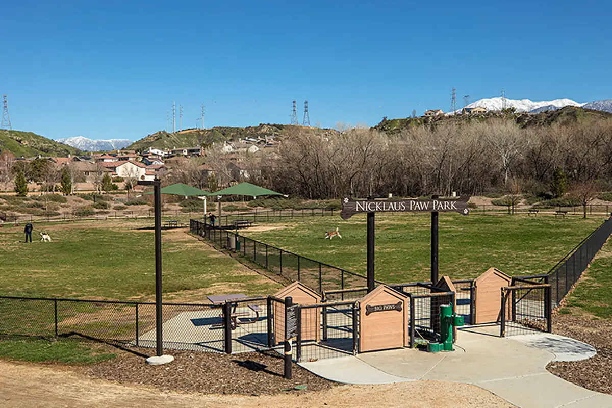 Two-sided fenced in dog park with a dog playing on each side