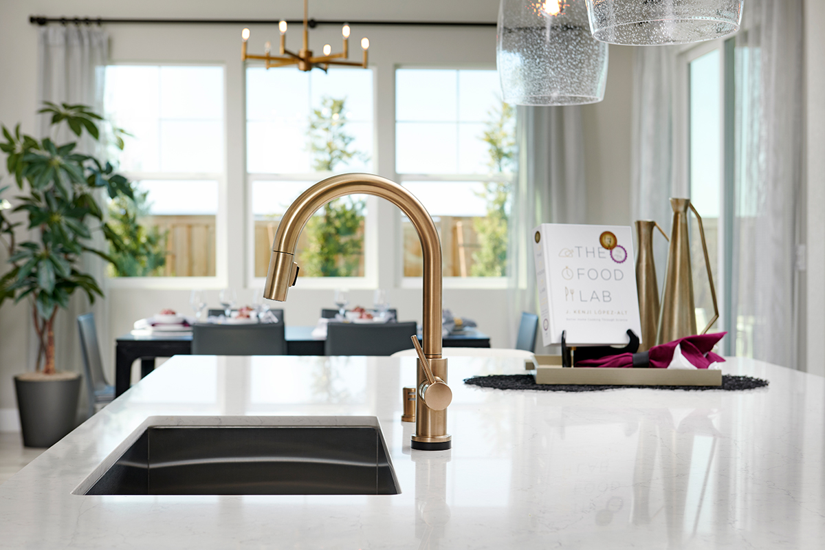 Gold kitchen faucet above sink